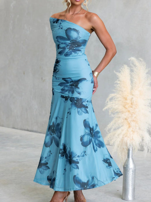 Floral Print One-Shoulder Ruched Maxi Dress - alternate view 4
