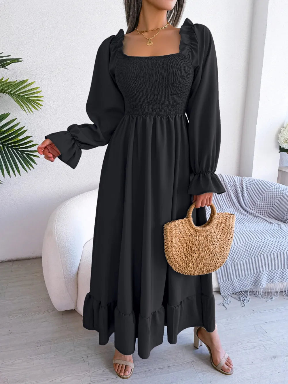 Smocked Square Neck Flounce Sleeve Dress - alternate view 25