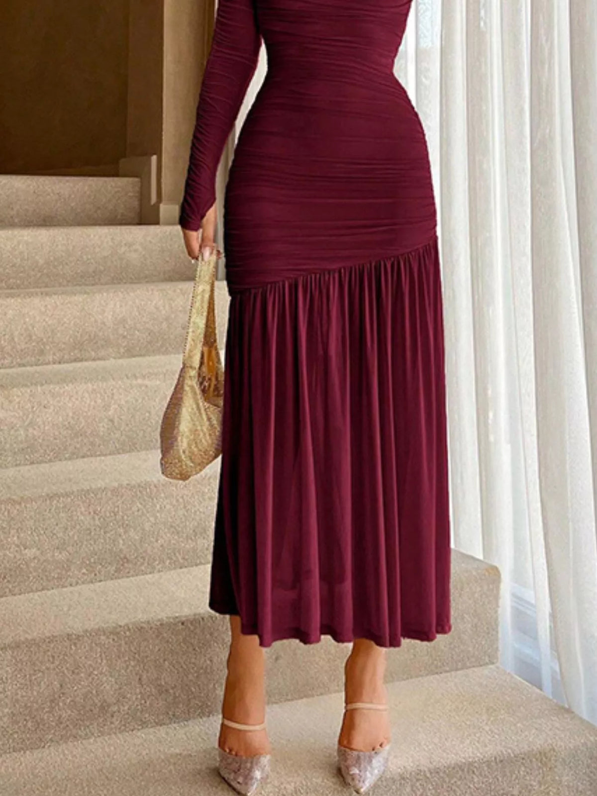 Ruched Long Sleeve Bodycon Midi Dress - alternate view 6