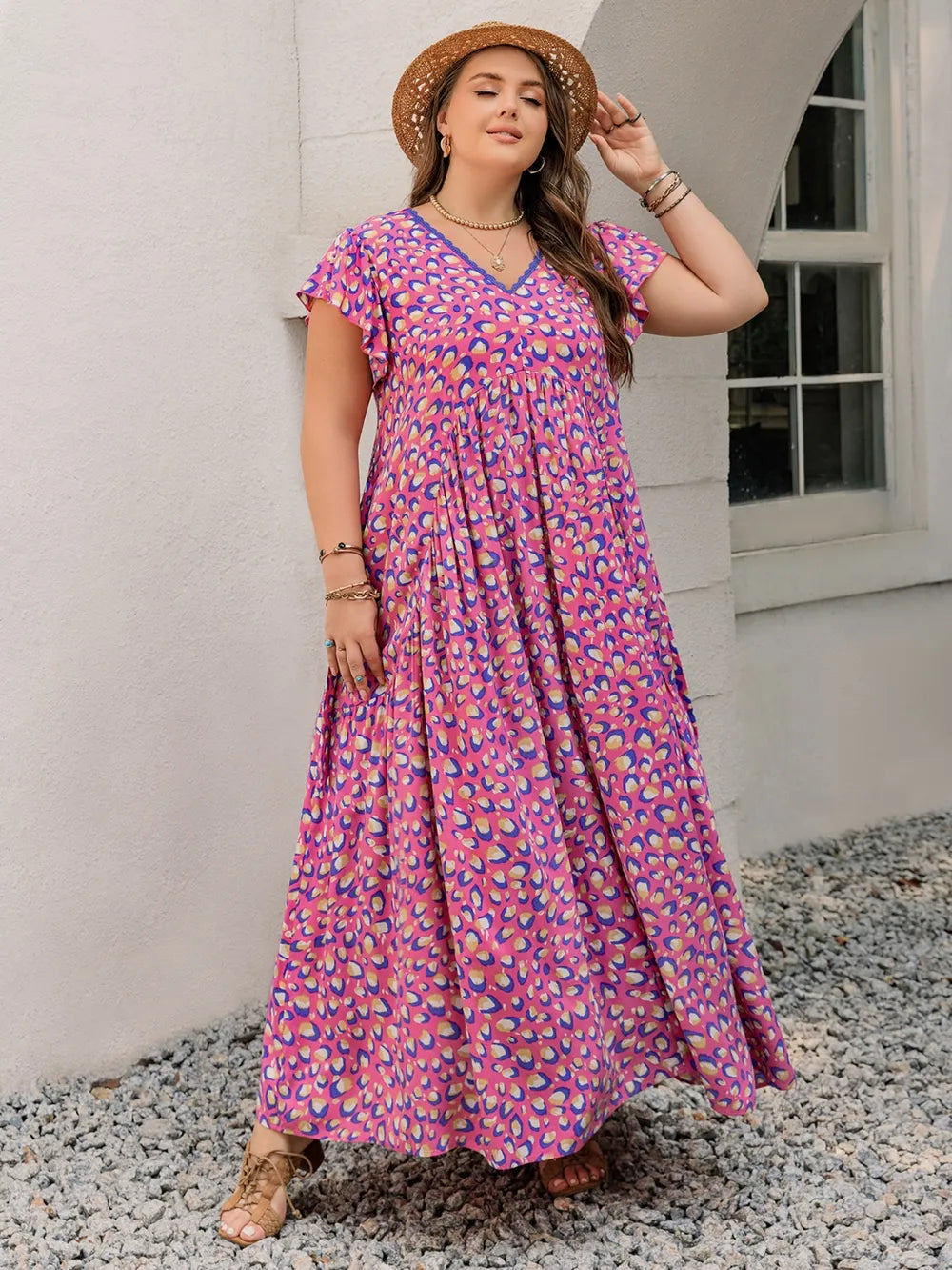 Printed V-Neck Flutter Sleeve Tie Waist Maxi Dress - alternate view 6
