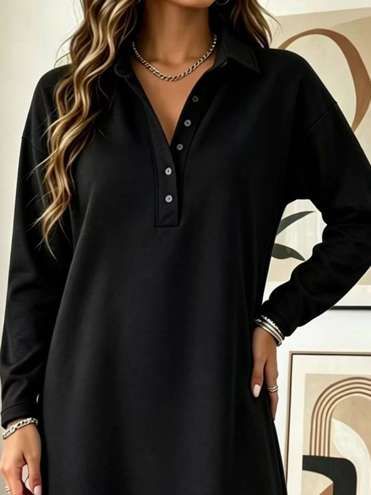 Polo Collar Long Sleeve Midi Dress - alternate view 20