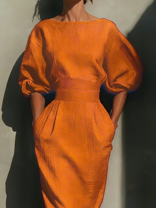 Round Neck Puff Sleeves Midi Dress - alternate view 2