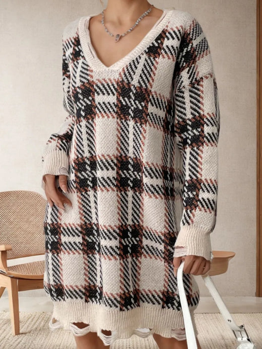 Distressed Plaid V-Neck Long Sleeve Sweater Dress - alternate view 1