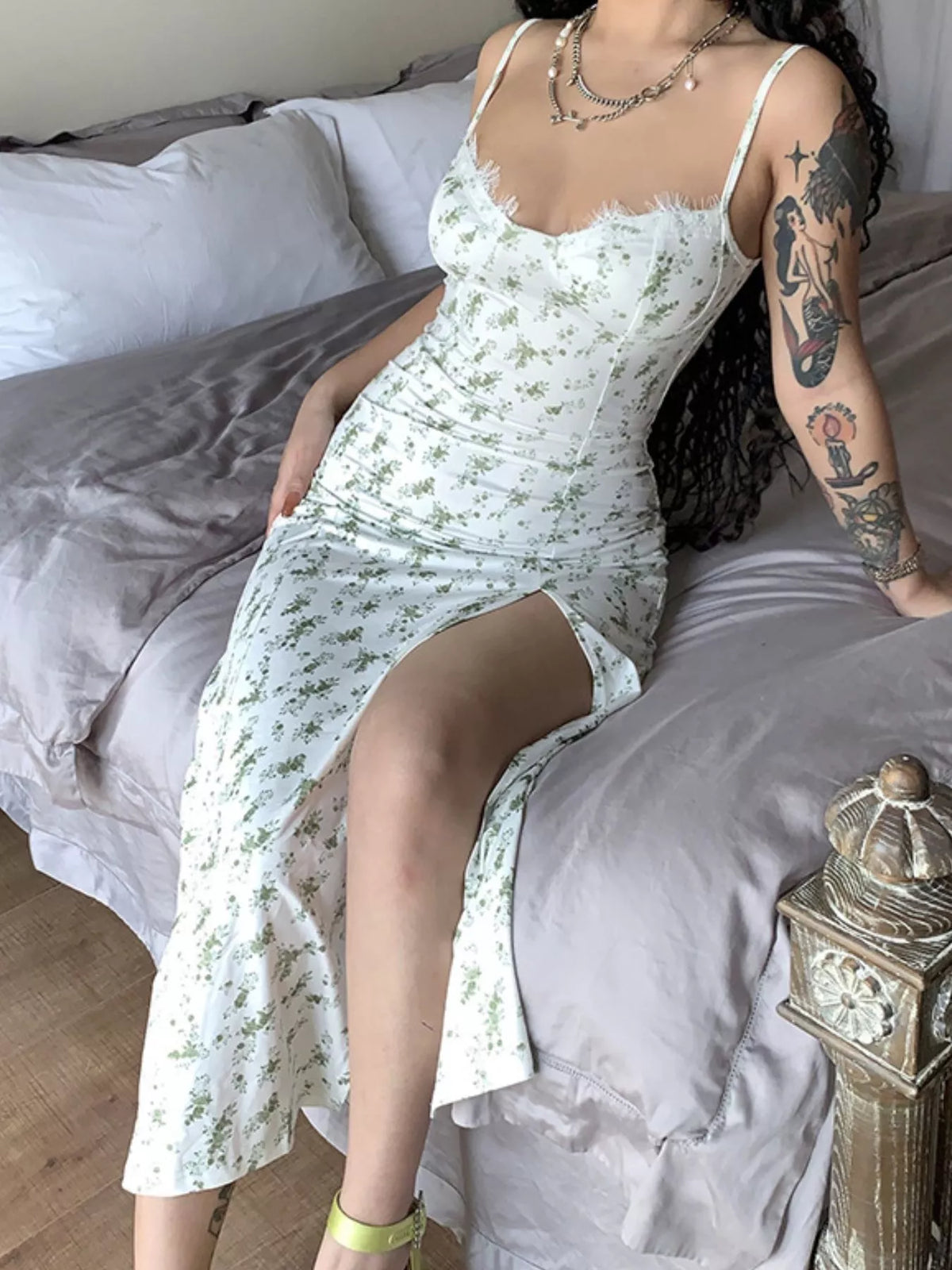 Floral Print Lace Trim Slit Midi Dress - alternate view 13