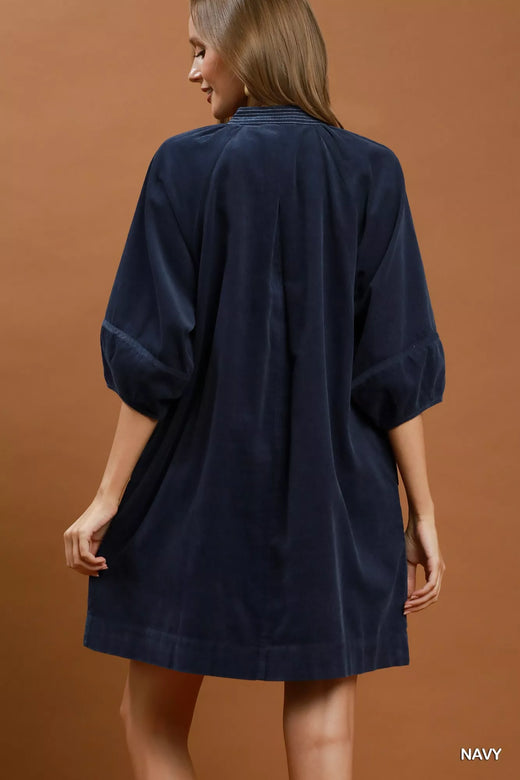 Corduroy V-Neck Puff Sleeve Shift Dress with Pockets - alternate view 3