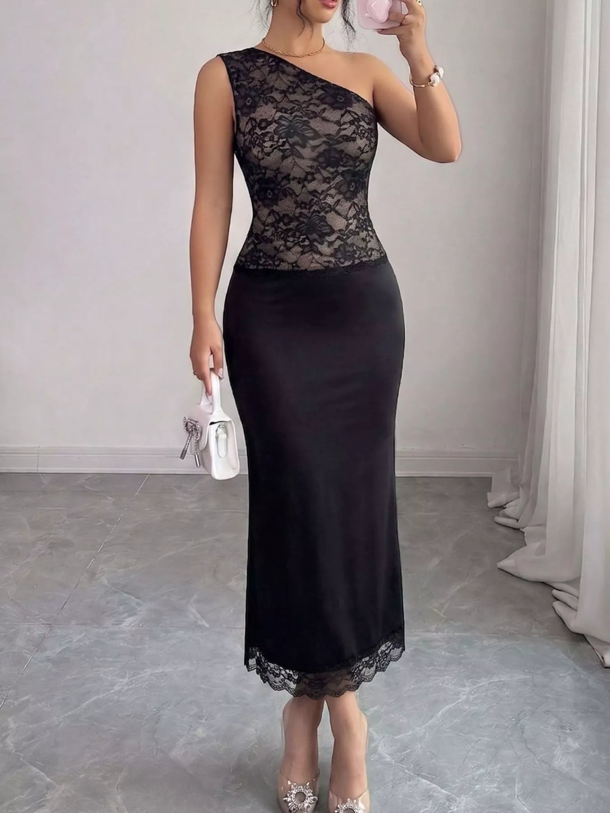 One-Shoulder Lace Trimmed Midi Dress - alternate view 2