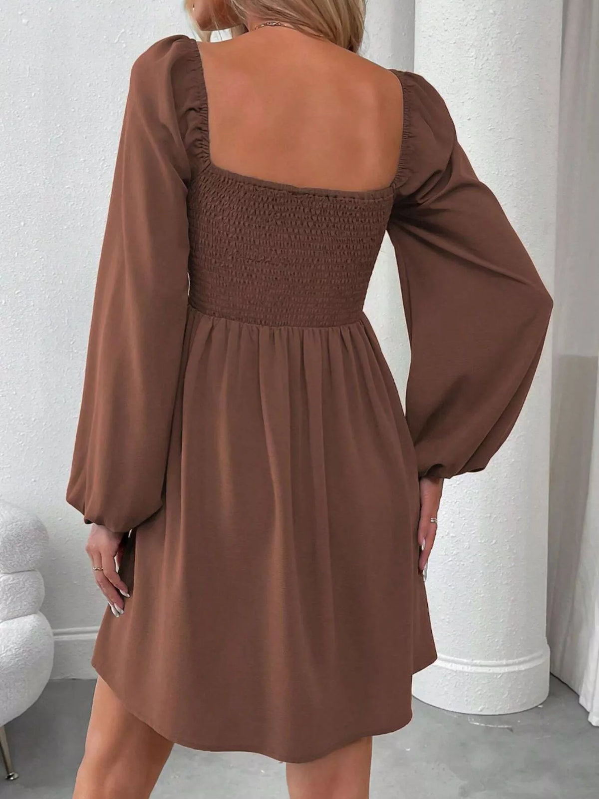 Ruched Square Neck Long Sleeve A-Line Dress - alternate view 20