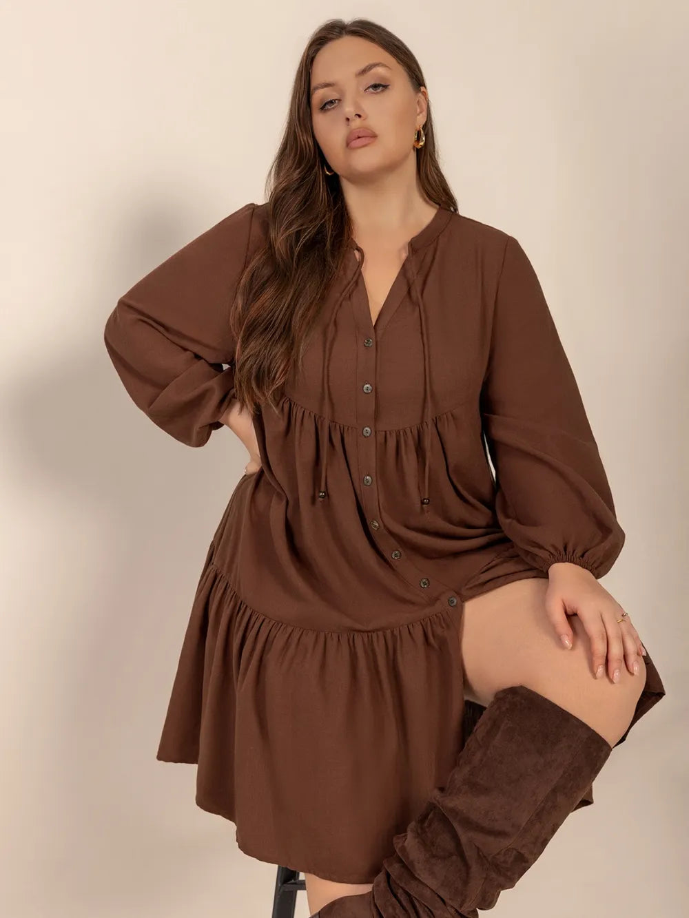Tie Neck Balloon Sleeve Tiered Dress - alternate view 5