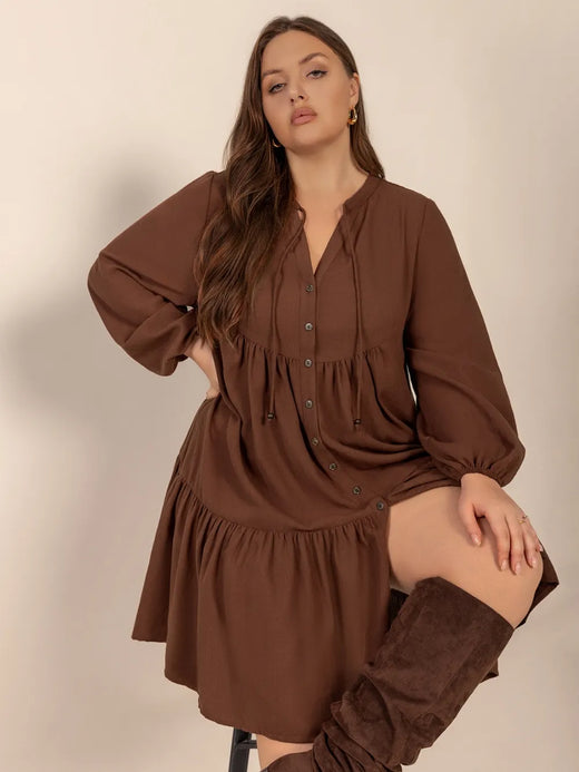 Tie Neck Balloon Sleeve Tiered Dress - alternate view 5