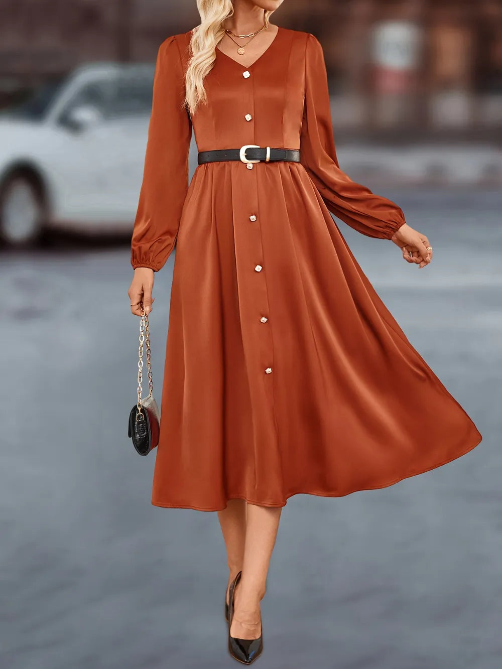 V-Neck Balloon Sleeve Midi Dress - alternate view 5