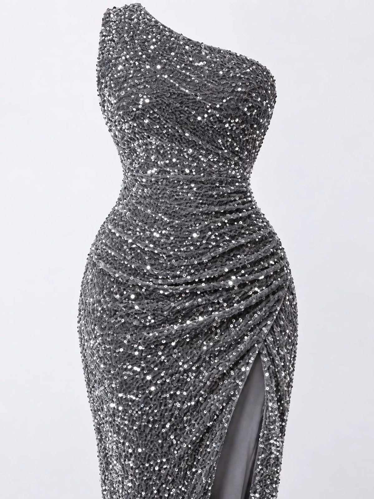 One-Shoulder Ruched Sequin High-Slit Evening Dress - alternate view 5