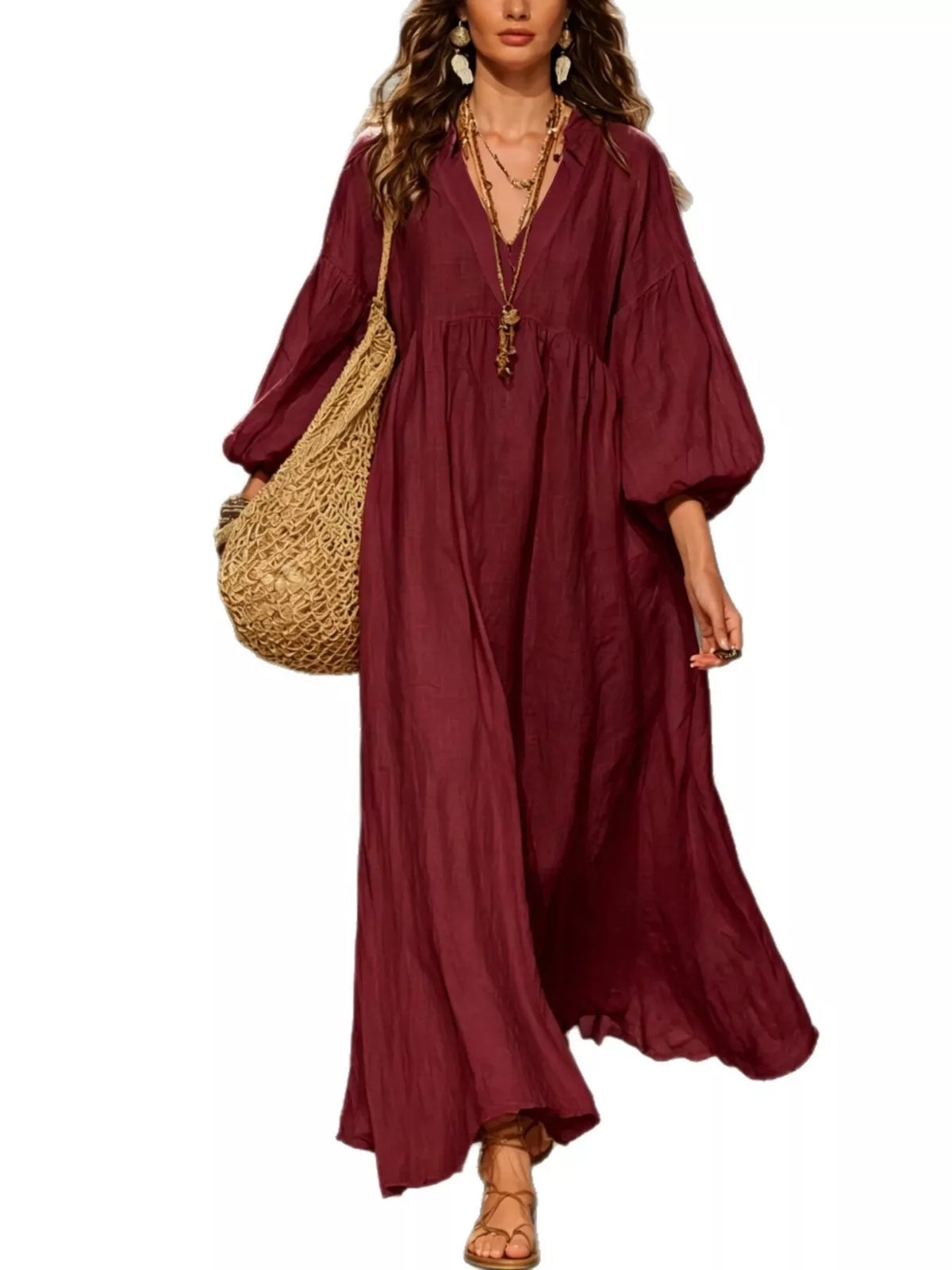 Full Size Notched 3/4 Sleeve Maxi Dress Plus Size - alternate view 8