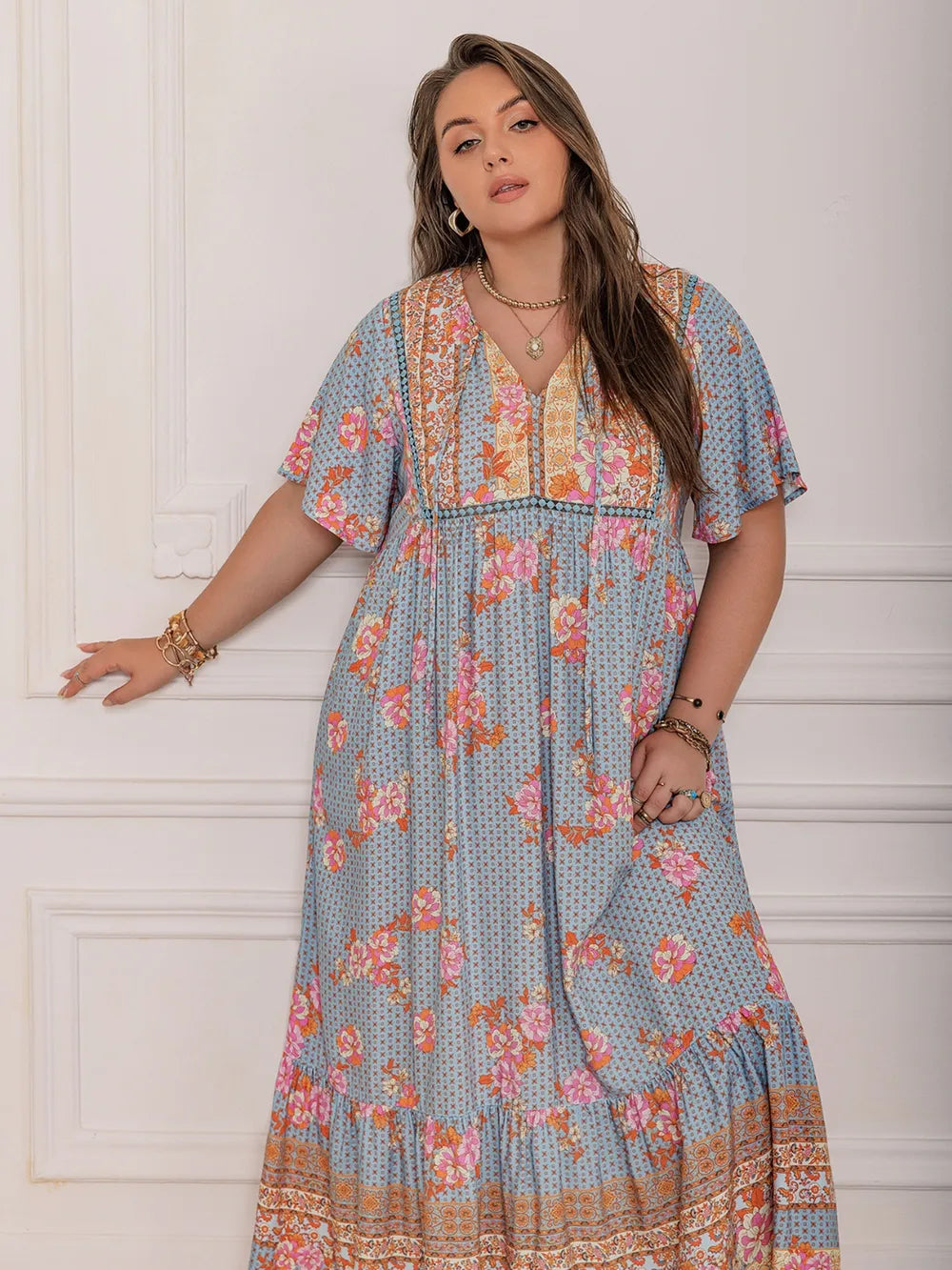 Printed Tie Neck Flutter Sleeve Maxi Dress - alternate view 4