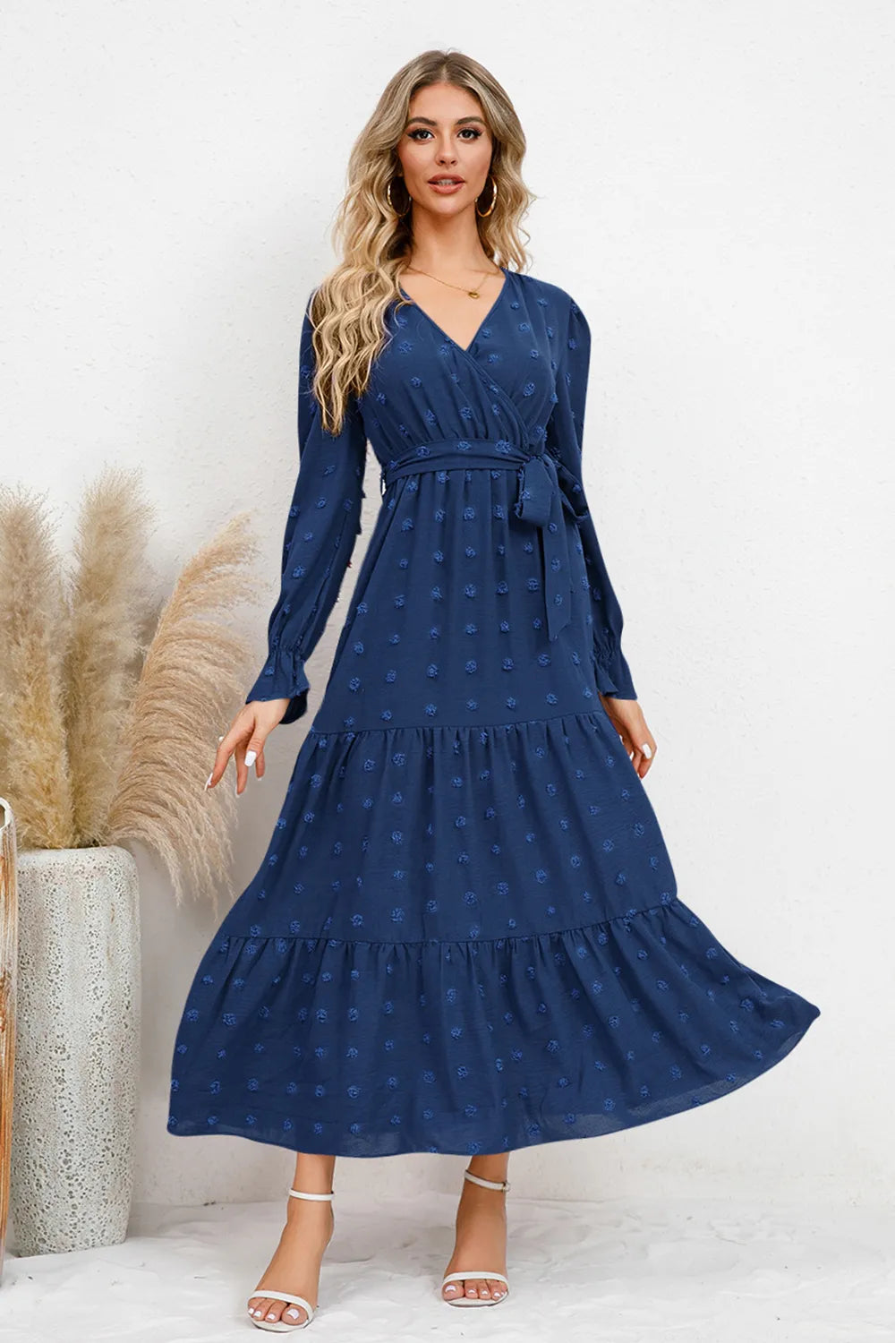 Swiss Dot Tied Surplice Flounce Sleeve Dress - alternate view 14
