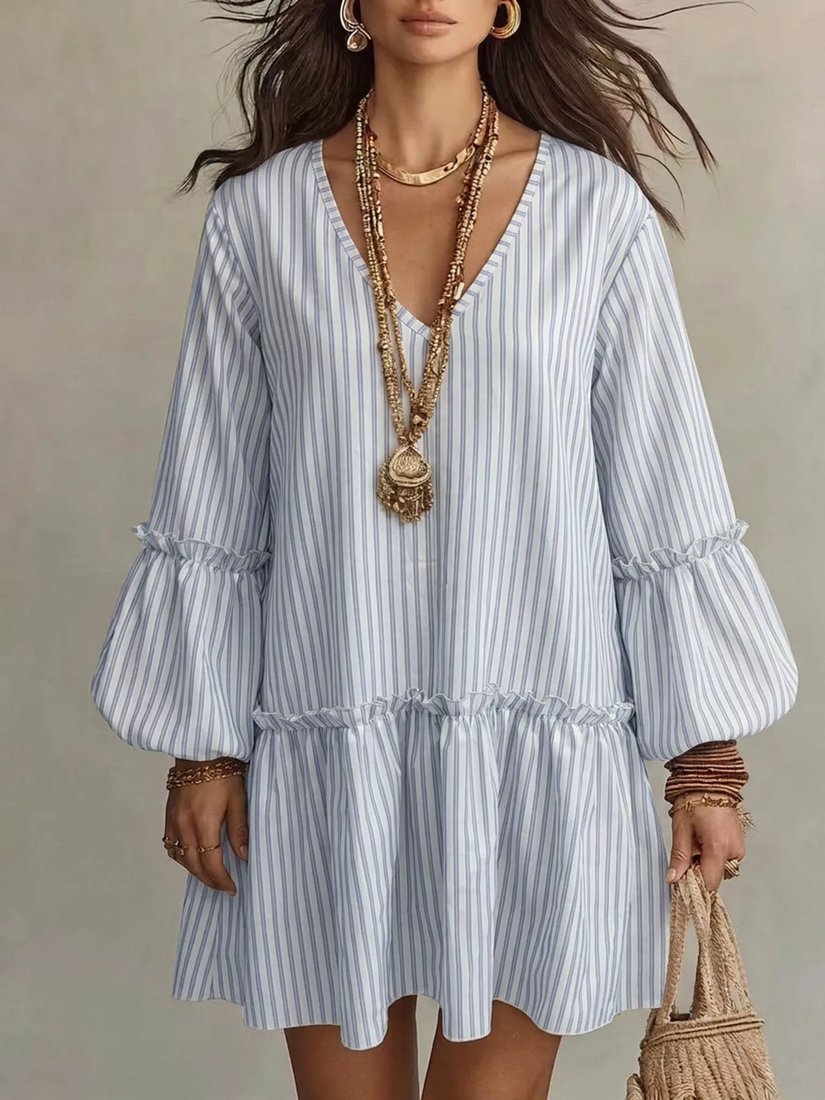 Full Size Striped Balloon Sleeve Mini Dress Plus Size - alternate view 6