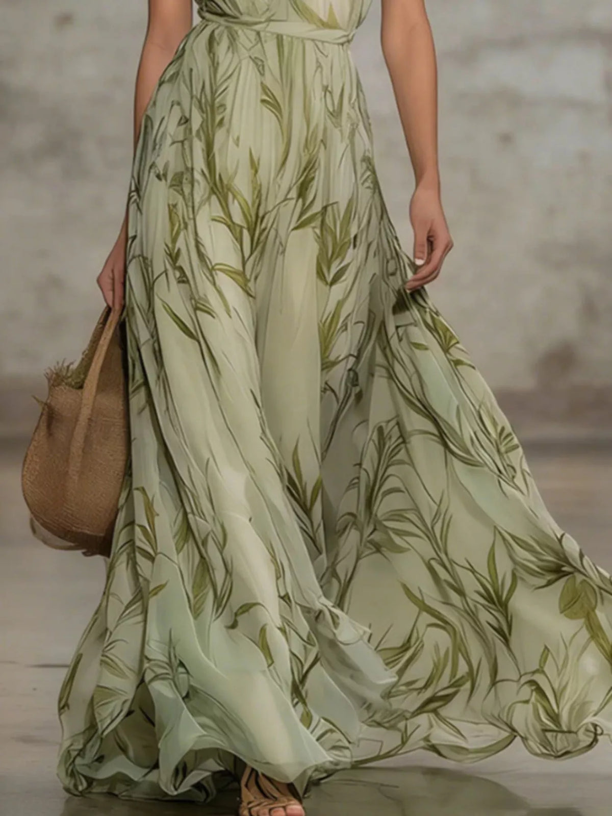 Leaf Print Sleeveless Chiffon Maxi Dress - alternate view 3