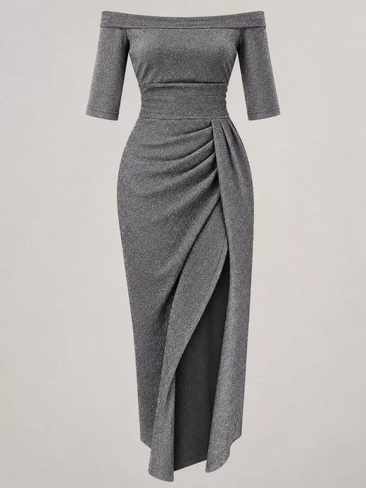 Full Size Off-Shoulder Ruched Slit Midi Dress Plus Size - alternate view 6