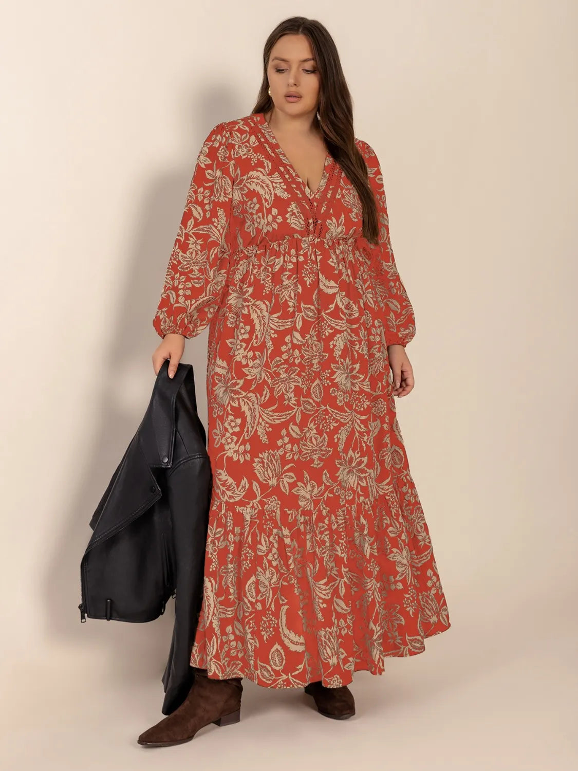 Lace Detail Printed Balloon Sleeve Midi Dress
