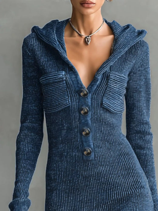 Hooded Knit Maxi Dress with Button-Up Placket and Chest Pockets - alternate view 2