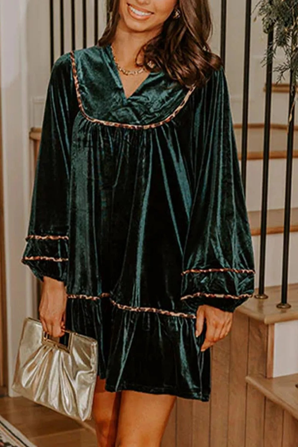 Leopard Trim Velvet Long Sleeve Shift Dress - alternate view 6