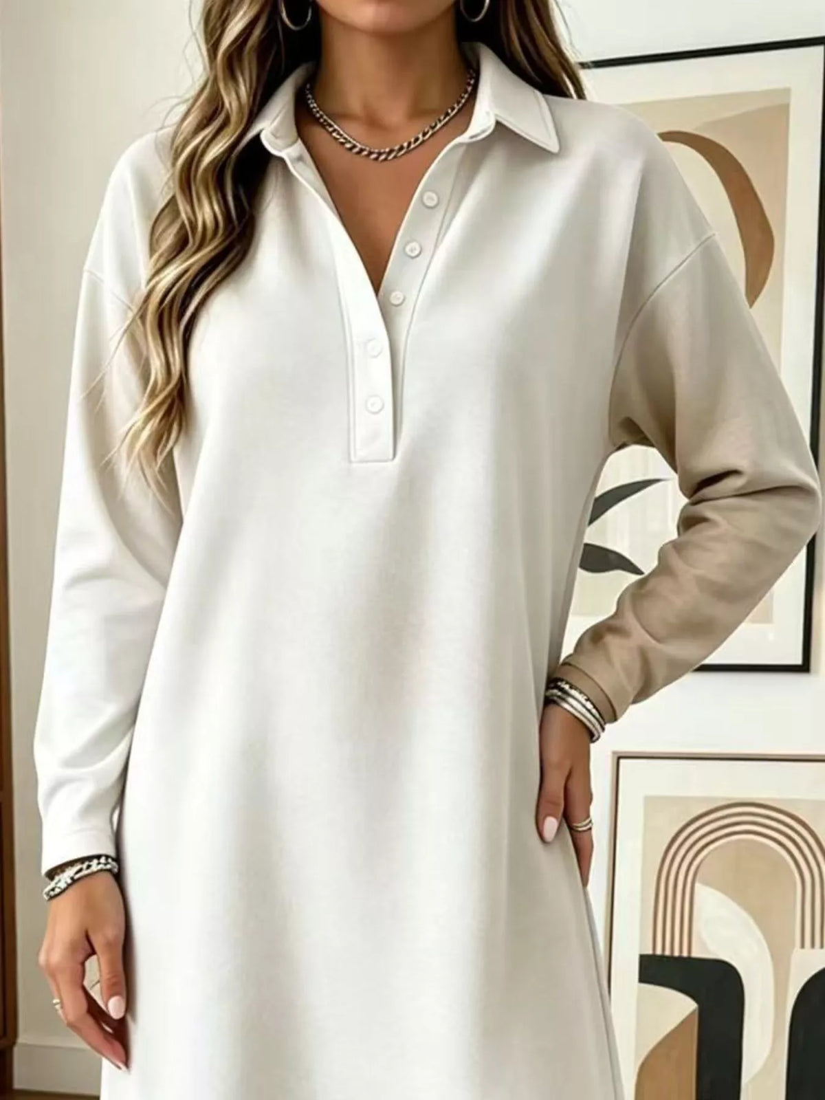 Polo Collar Long Sleeve Midi Dress - alternate view 2