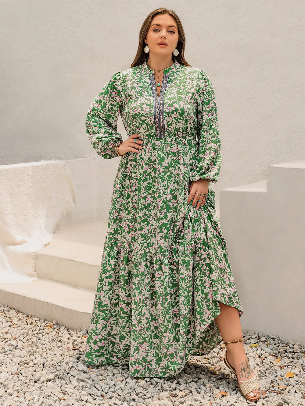 Notched Long Sleeve Maxi Dress - alternate view 7