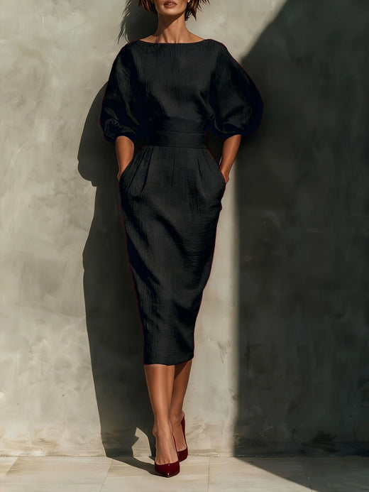 Round Neck Puff Sleeves Midi Dress - alternate view 3