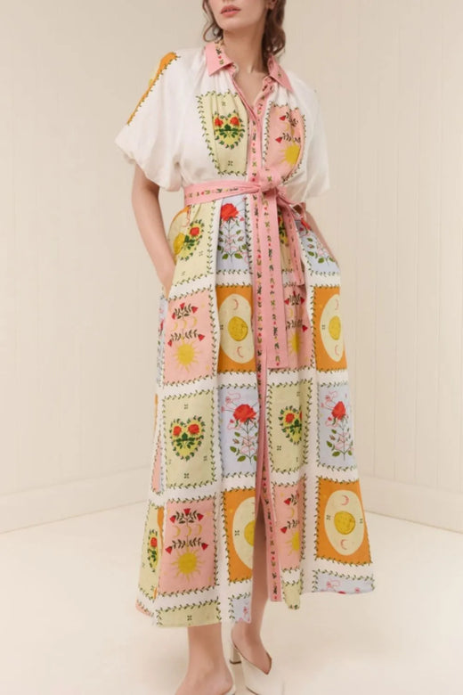 Printed Short Sleeve Belted Maxi Dress - alternate view 2