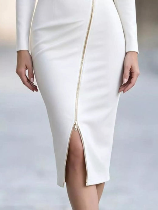 Elegant Asymmetric Zipper Lapel Bodycon Midi Dress - alternate view 6