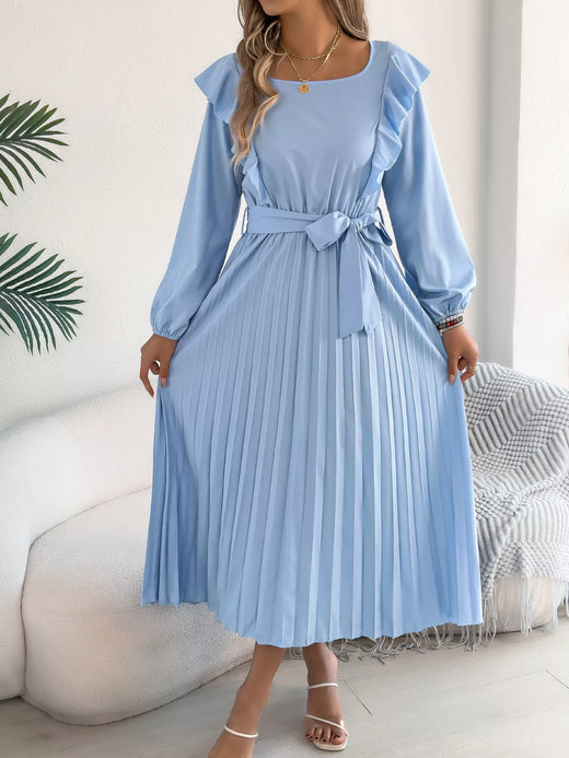 Ruffled Pleated Midi Dress with Waist Tie - alternate view 5