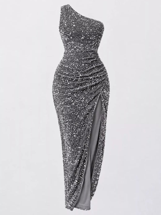 One-Shoulder Ruched Sequin High-Slit Evening Dress - alternate view 4