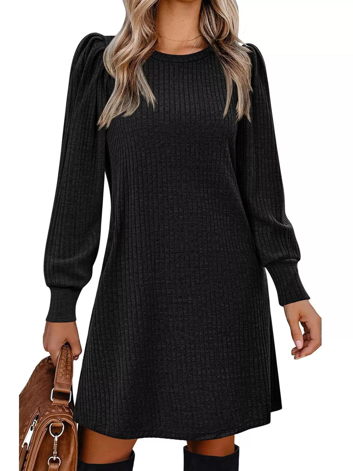 Puff Sleeve Ribbed Knit Dress with Pockets - alternate view 7