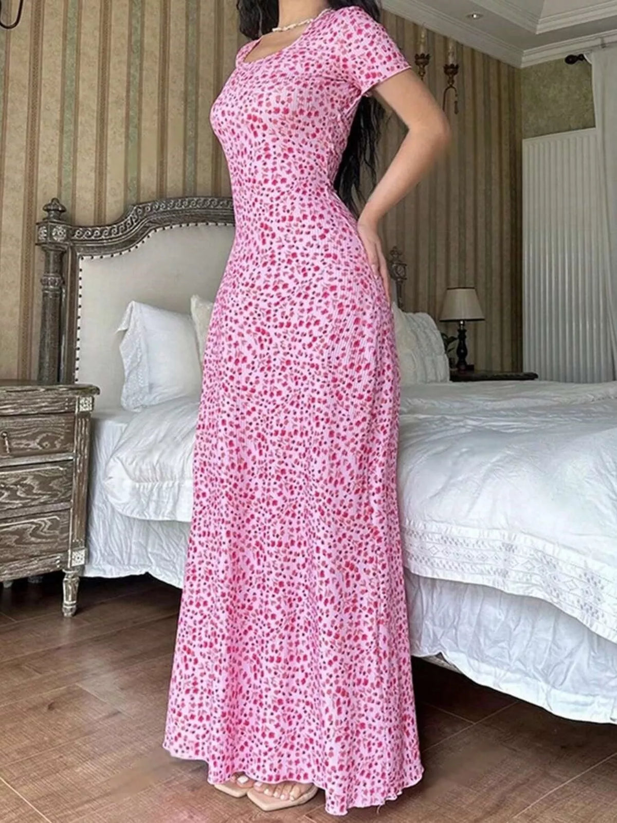 Floral Print Short Sleeve Maxi Dress - alternate view 4