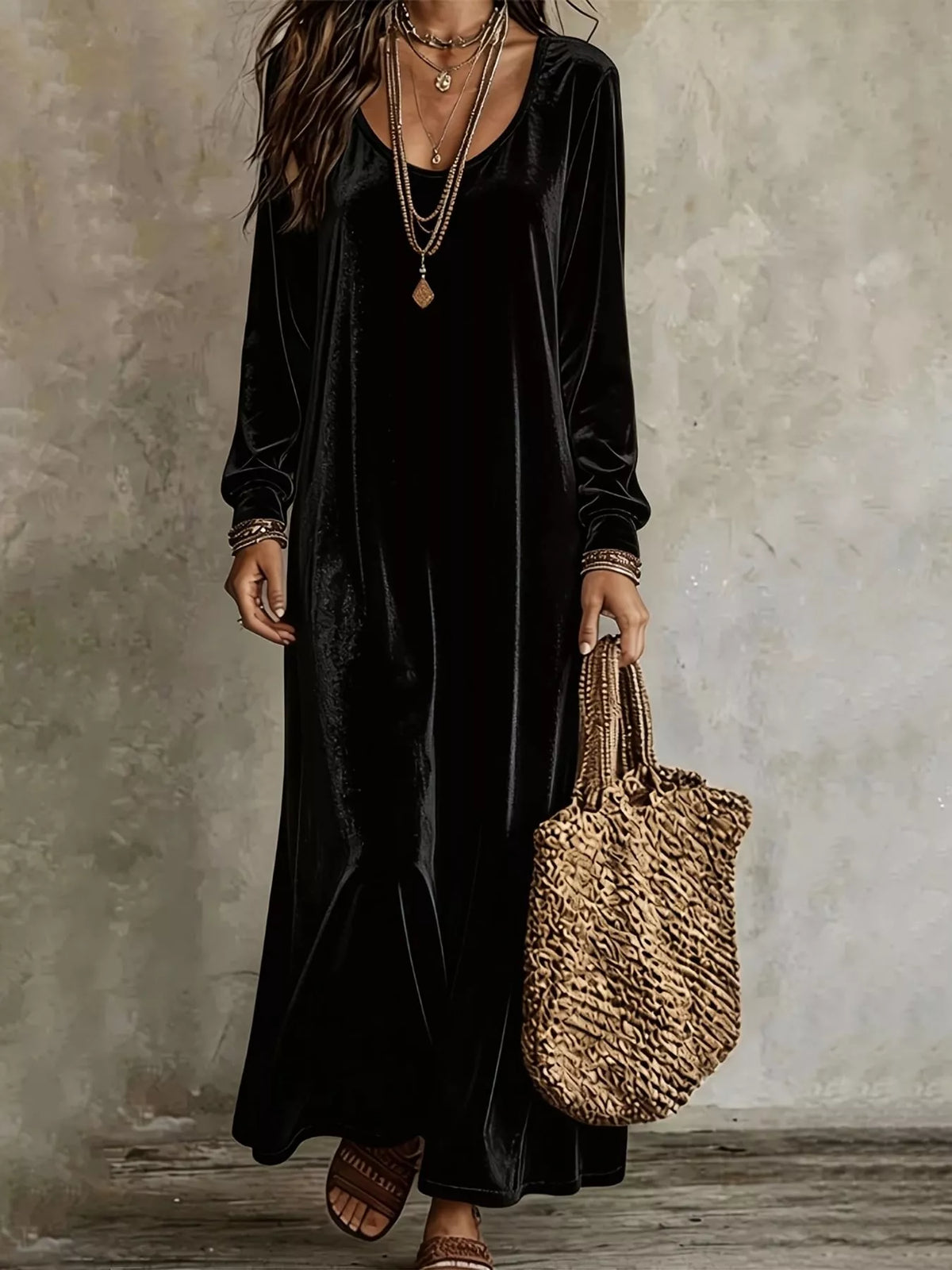 Velvet Long-Sleeve Maxi Dress - alternate view 6