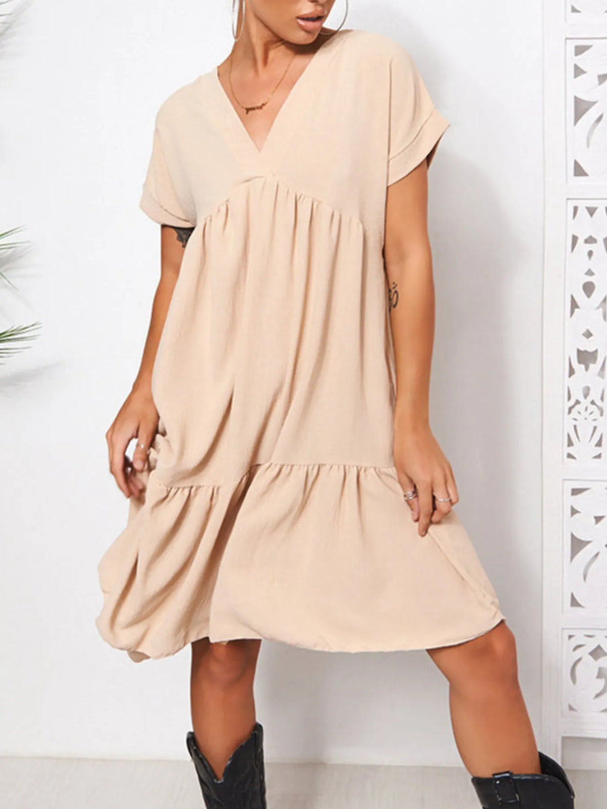 V-Neck Babydoll Tiered Mini Dress - alternate view 4
