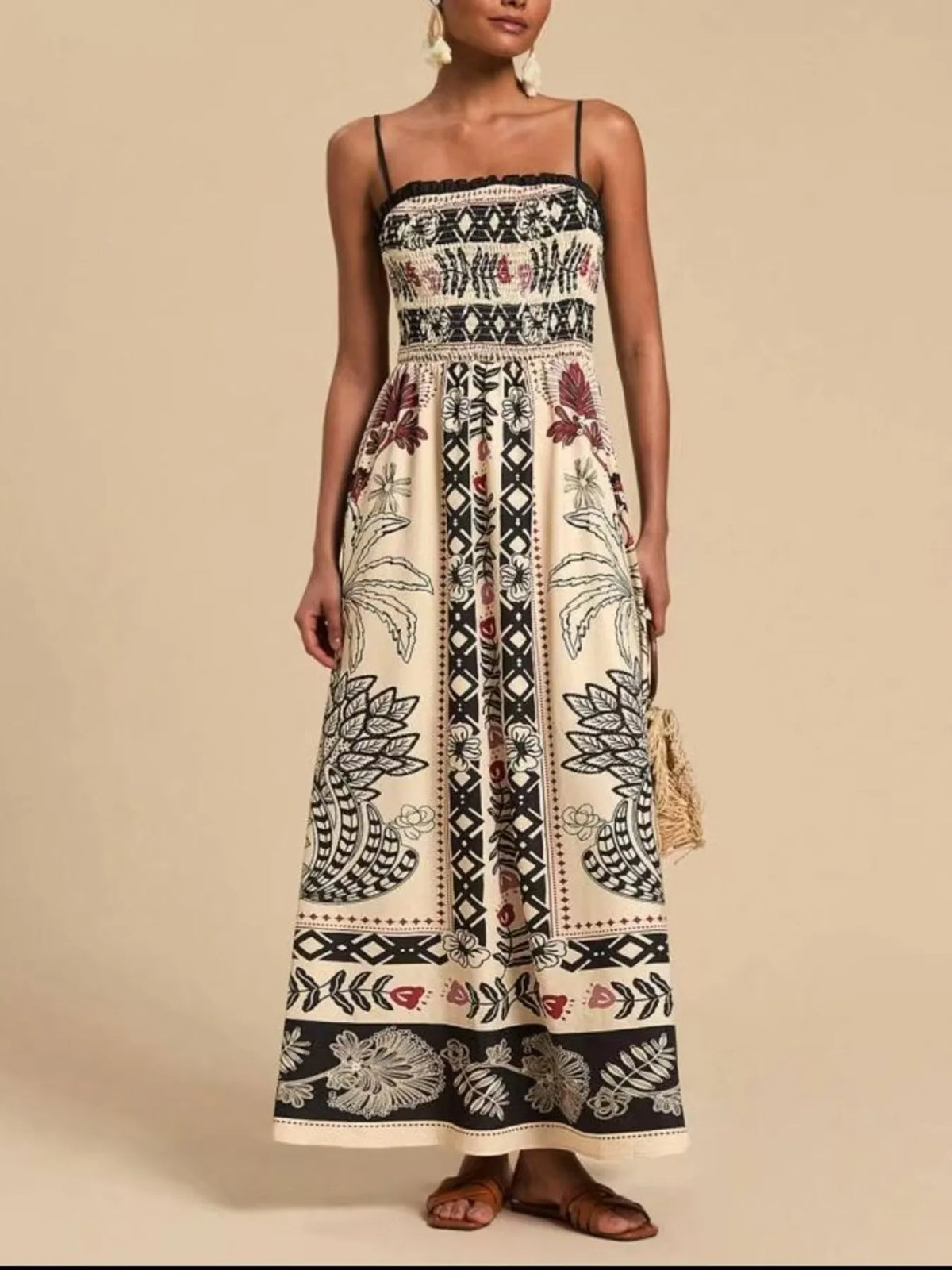Smocked Printed Spaghetti Strap Maxi Summer Dress - alternate view 4
