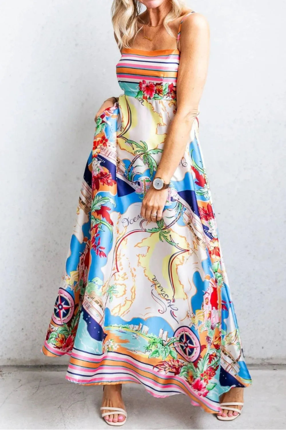 Smocked Back Printed Square Neck Maxi Cami Dress with Pockets - alternate view 3