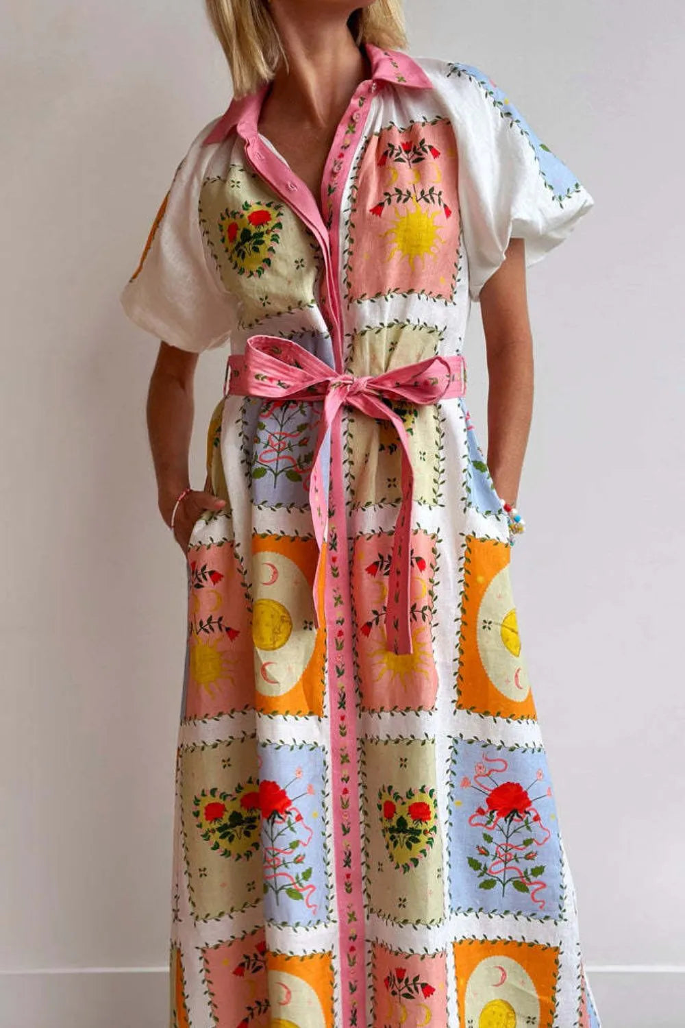 Printed Short Sleeve Belted Maxi Dress - alternate view 5