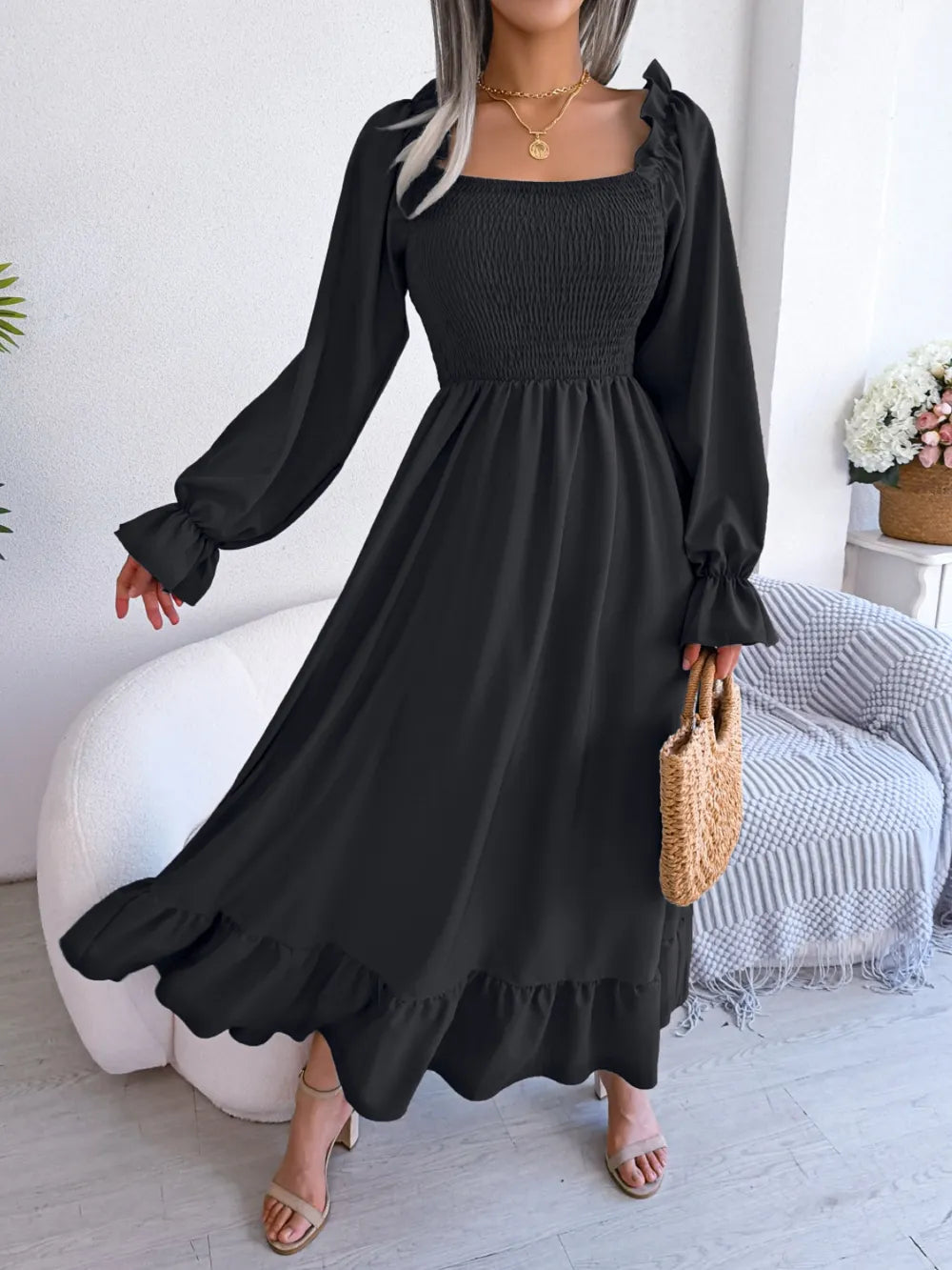 Smocked Square Neck Flounce Sleeve Dress - alternate view 23