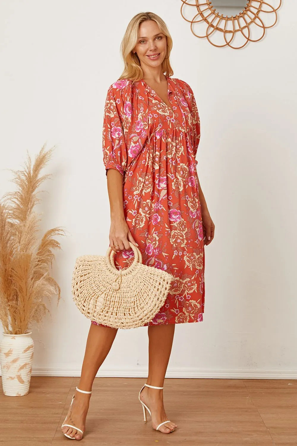 Floral Tie Neck Half Sleeve Dress - alternate view 4