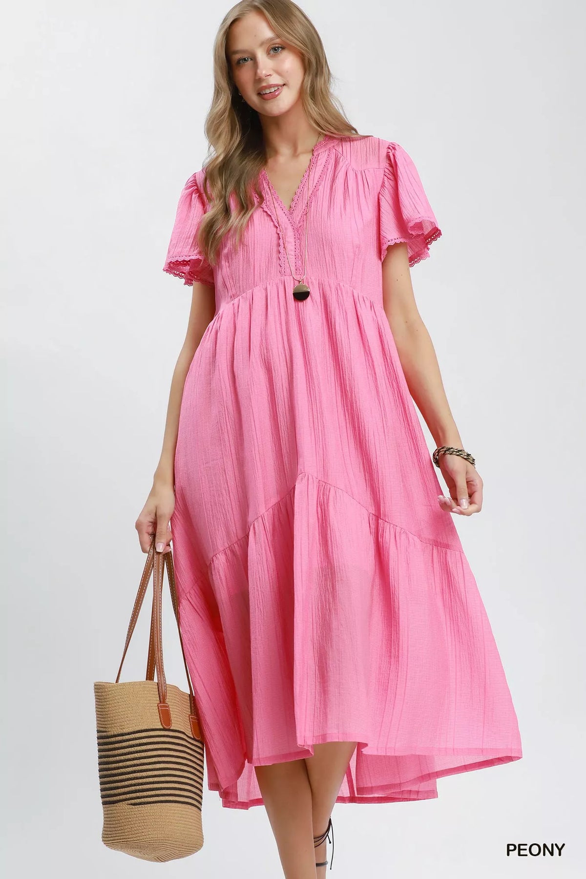 Textured Tiered Midi Dress with Side Pockets