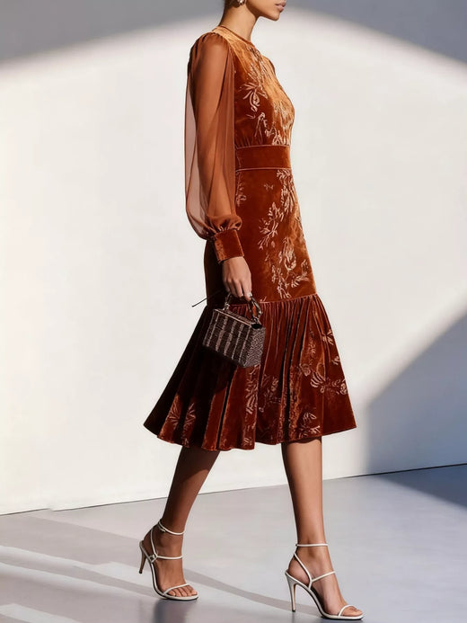 Velvet Floral Lantern Sleeve Midi Dress - alternate view 2