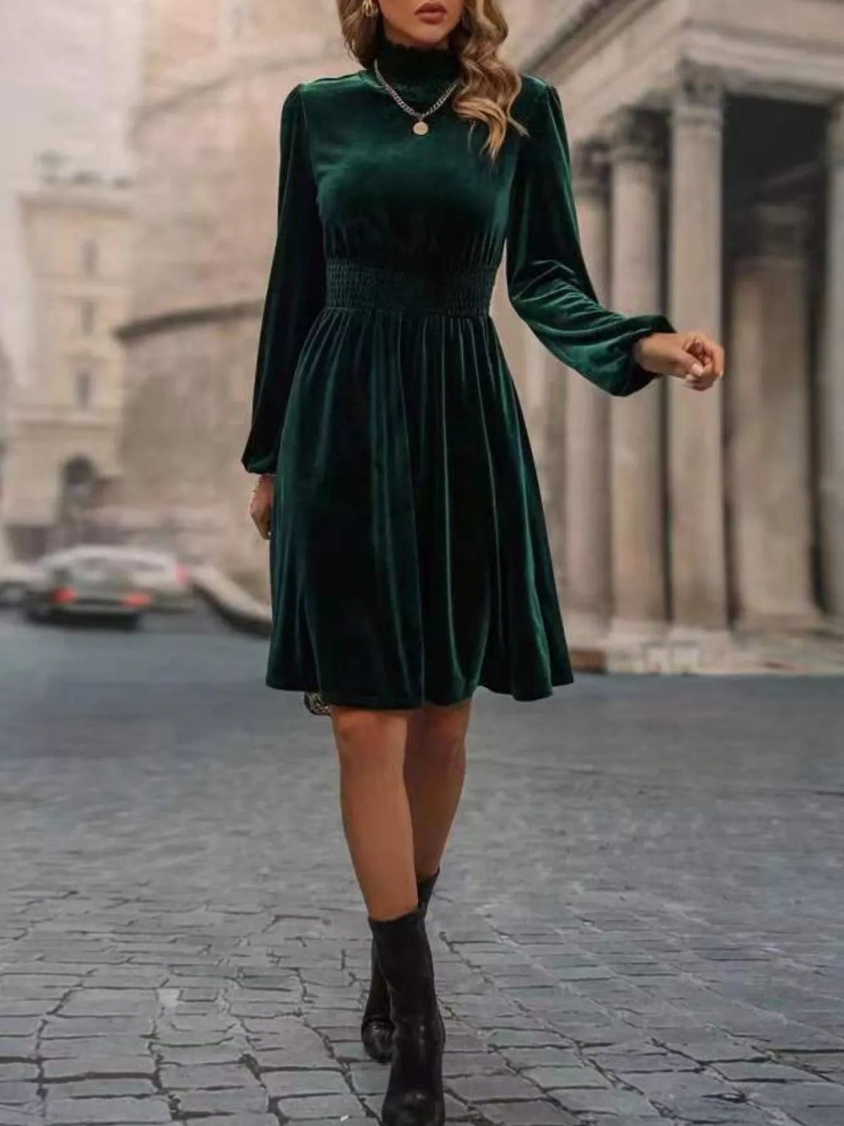 Velvet High Neck Long Sleeve A-Line Dress - alternate view 6