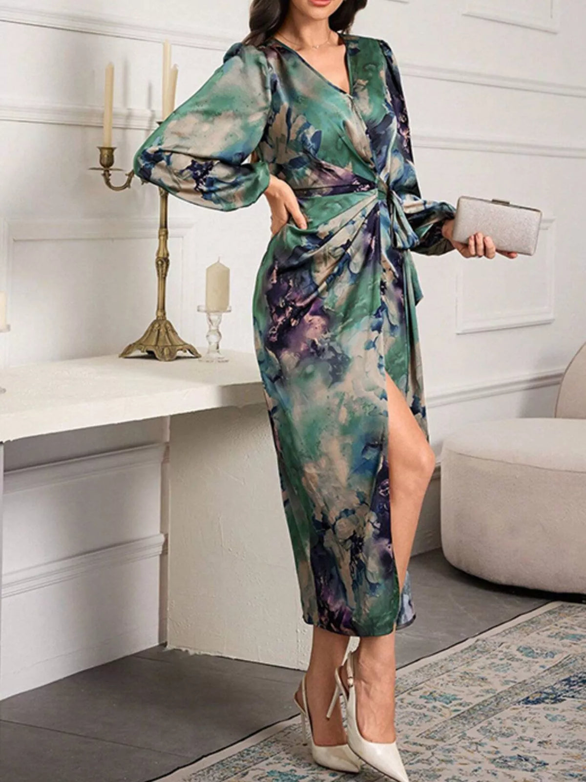 Printed Tie Waist Balloon Sleeve Dress - alternate view 4