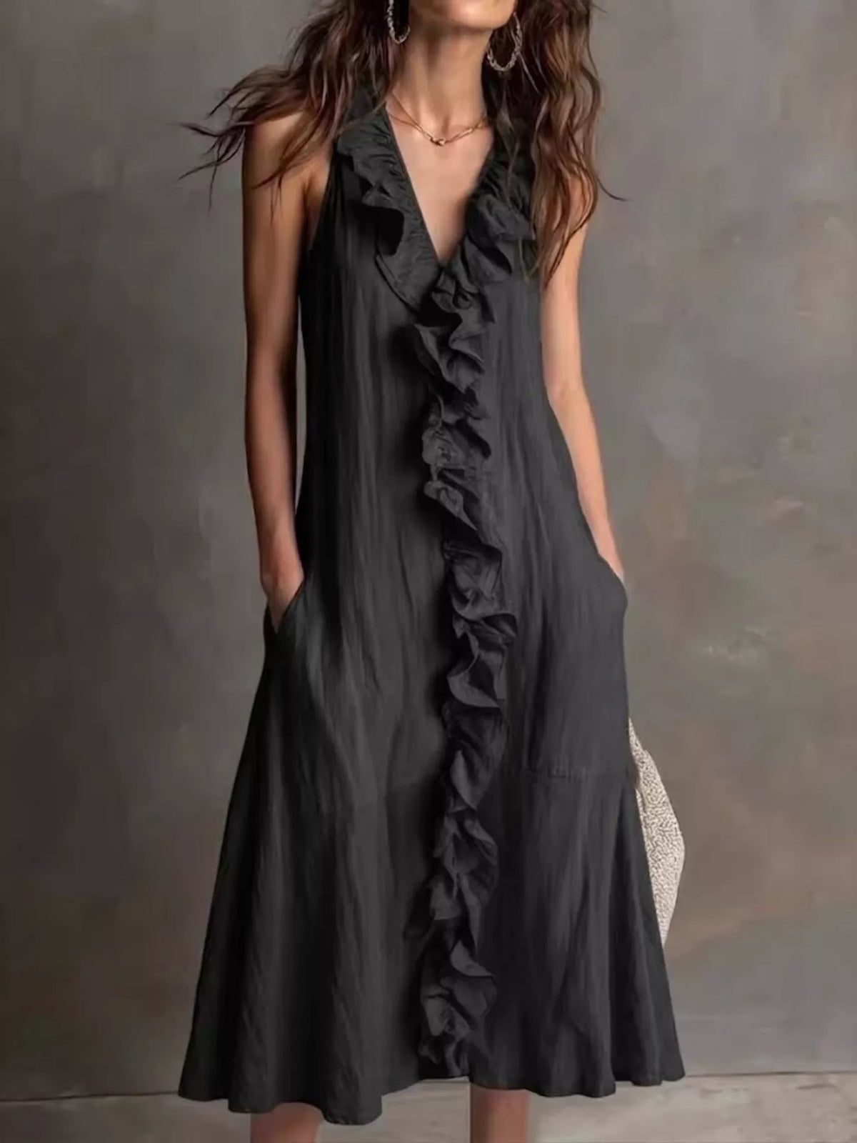 Sleeveless Ruffle Trim V-Neck Midi Dress - alternate view 3
