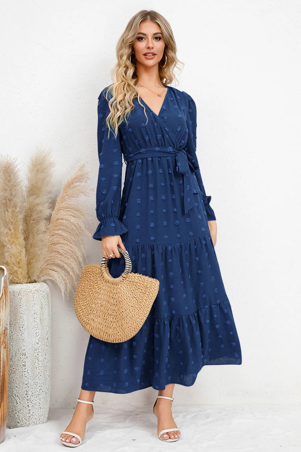 Swiss Dot Tied Surplice Flounce Sleeve Dress - alternate view 13