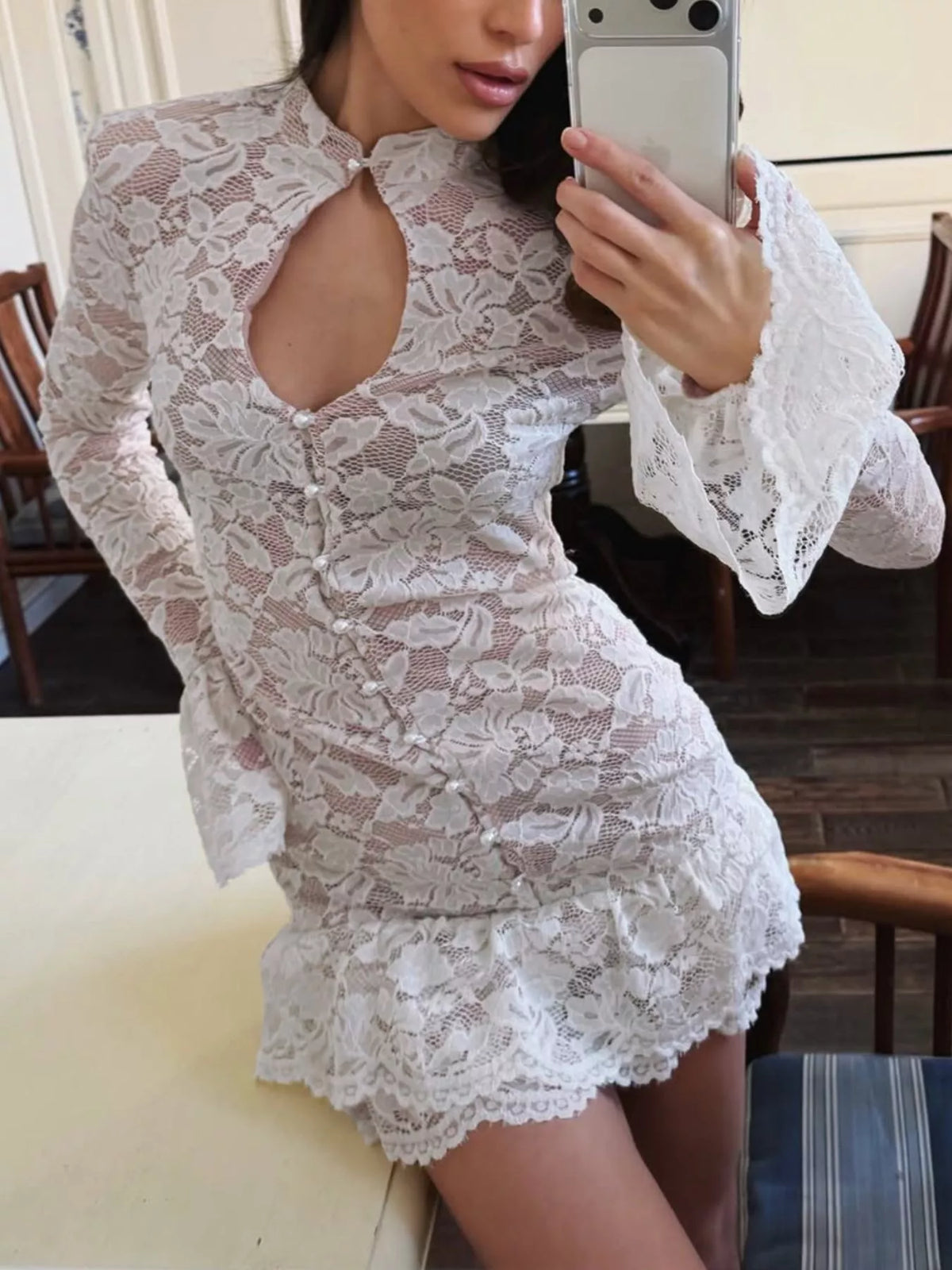 Lace Long-Sleeve Ruched Mini Dress - alternate view 6