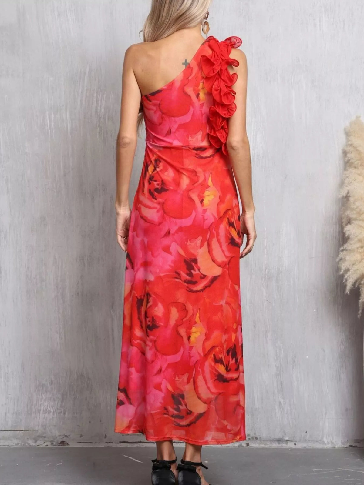 Floral Print One Shoulder Ruffle Trim Dress - alternate view 6