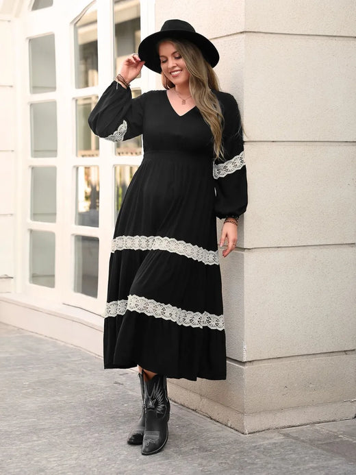 Lace Detail V-Neck Long Sleeve Midi Dress - alternate view 5