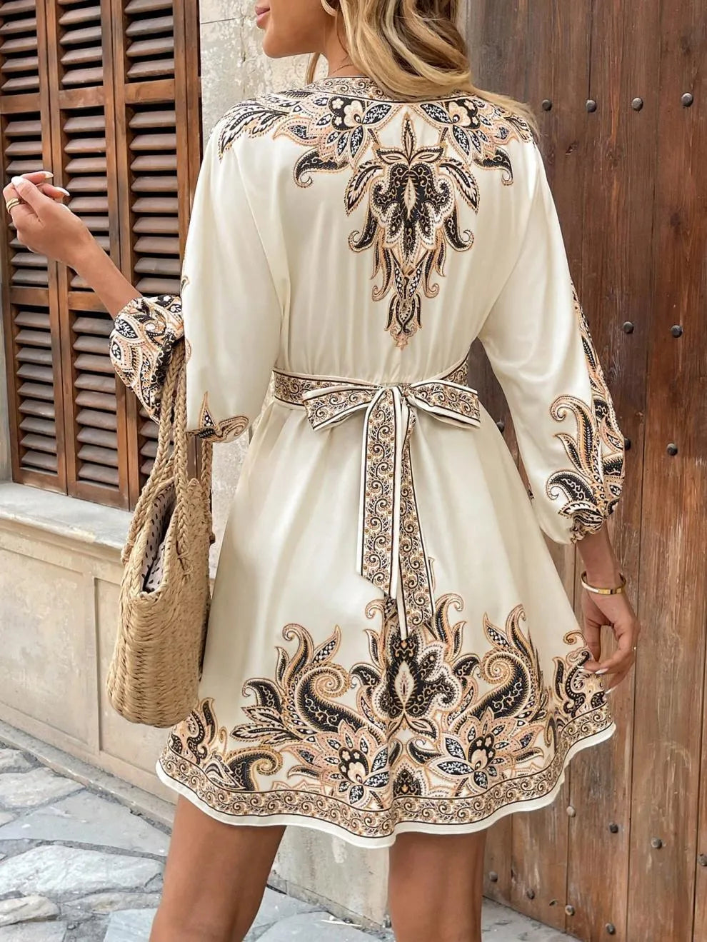 Paisley V-Neck 3/4 Sleeve Mini Dress - alternate view 7